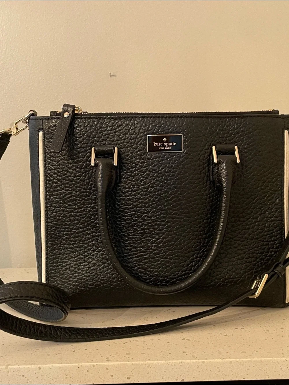 kate spade Black Pebbled Leather Satchel with Gold Accents